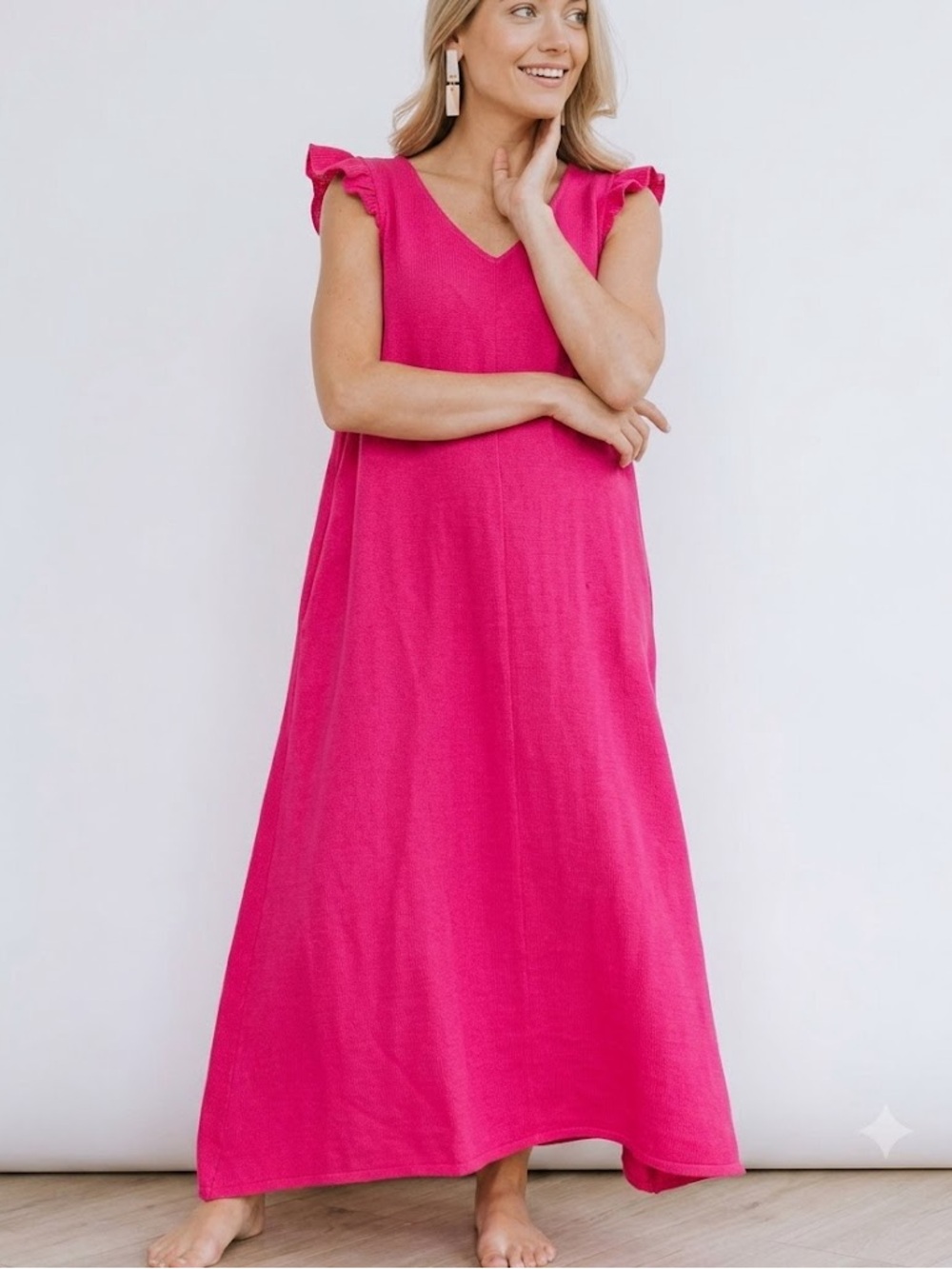 Sunshine Tienda Pink V-Neck Ruffle Sleeve Maxi Dress